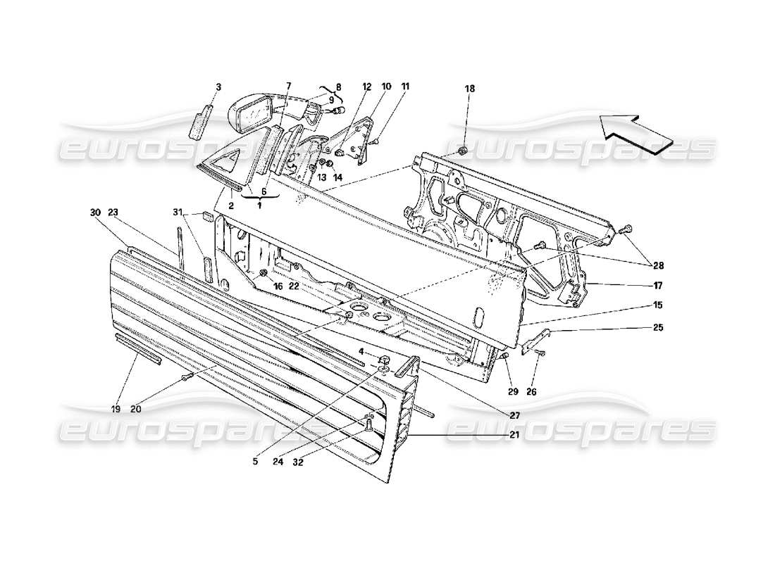 ferrari 348 (2.7 motronic) porte: schema delle parti della struttura e dello specchietto retrovisore