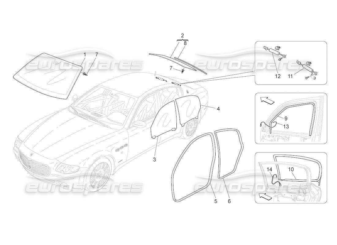 maserati qtp. (2011) 4.2 auto diagramma delle parti di finestre e strisce di finestre