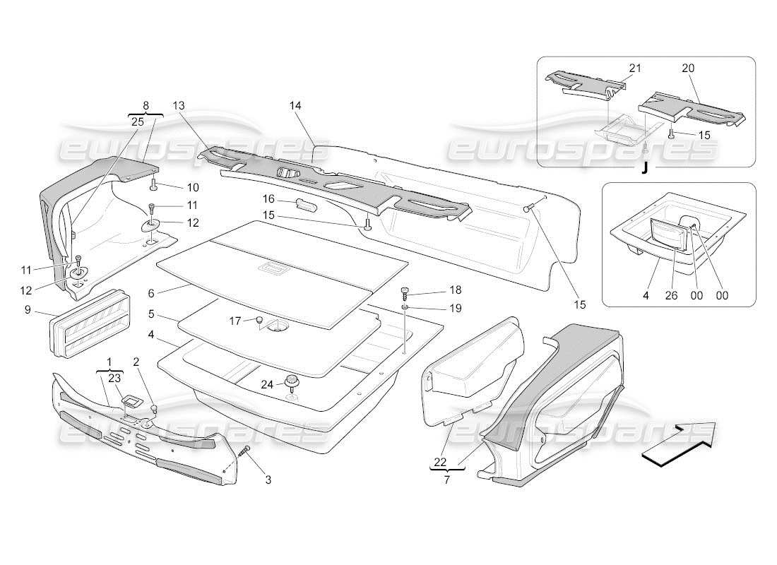 maserati qtp. (2011) 4.2 auto diagramma delle parti dei tappetini del vano bagagli