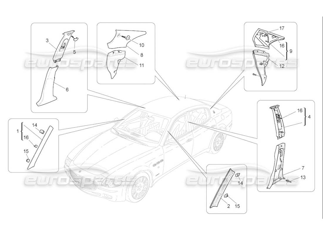 maserati qtp. (2009) 4.7 auto schema delle parti dei pannelli di rivestimento del montante b e dei pannelli laterali dell'abitacolo