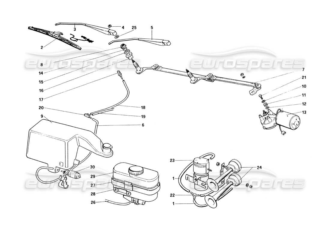 ferrari 328 (1985) tergicristallo, rondella e avvisatore acustico diagramma delle parti