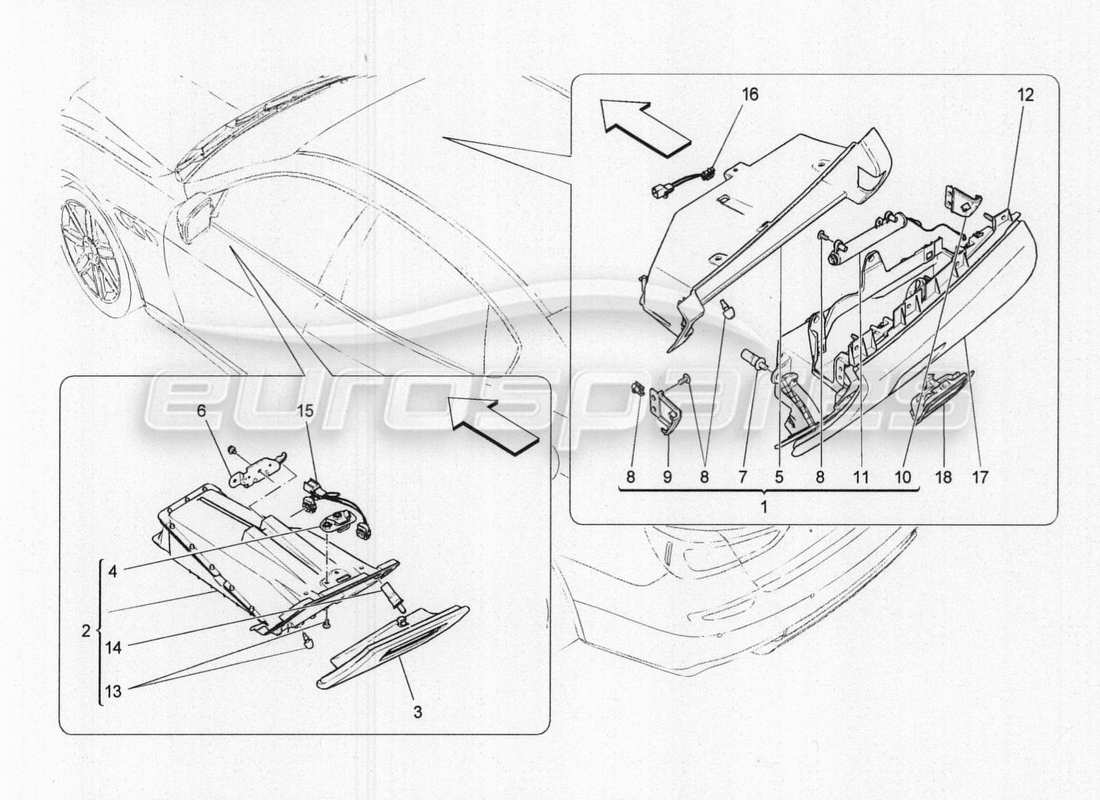 maserati qtp. v8 3.8 530bhp 2014 auto diagramma delle parti dei vani portaoggetti