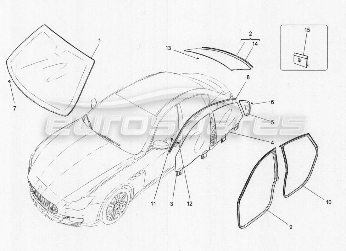 maserati qtp. v8 3.8 530bhp 2014 auto diagramma delle parti di finestre e strisce di finestre