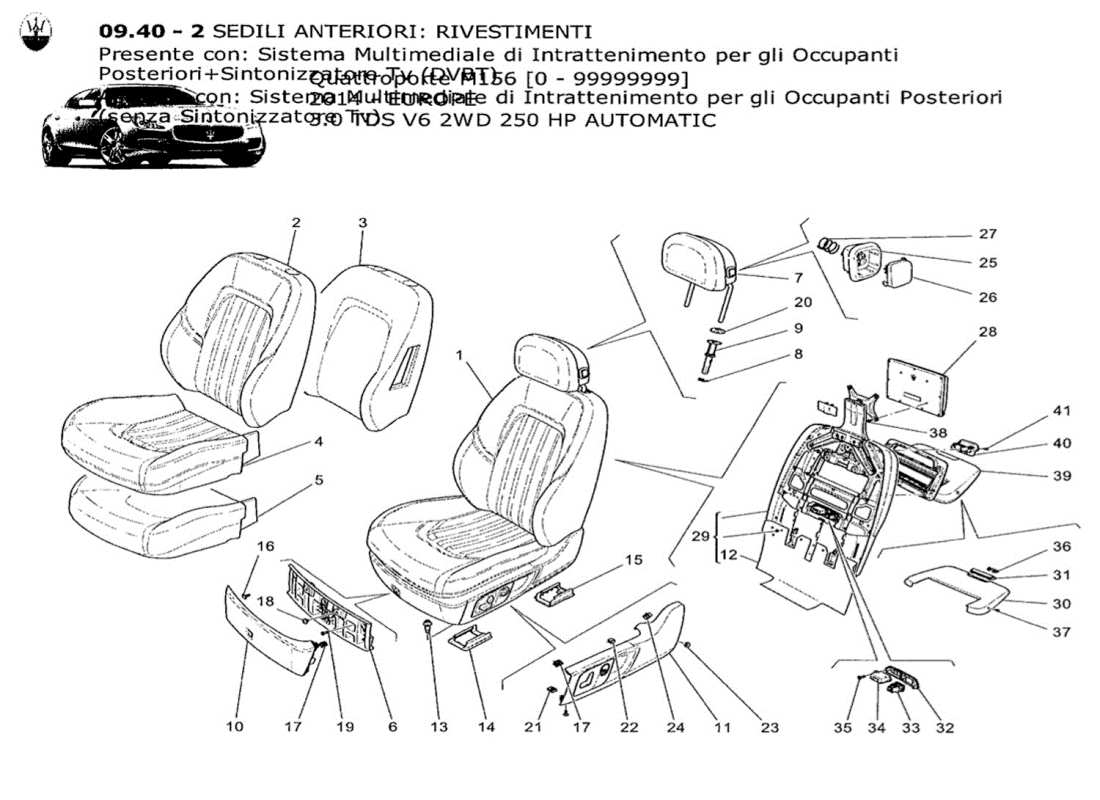 maserati qtp. v6 3.0 tds 250bhp 2014 sedili anteriori: schema delle parti dei pannelli di rivestimento