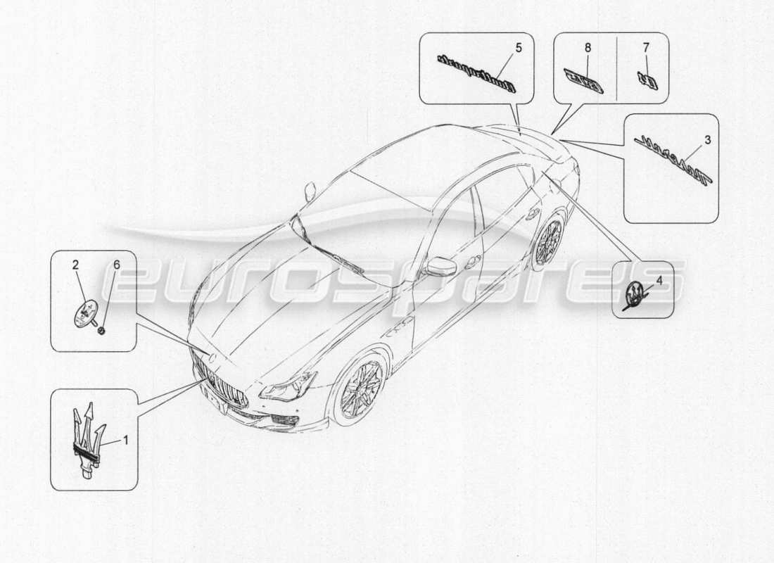 maserati qtp. v8 3.8 530bhp auto 2015 diagramma delle parti di finiture, marchi e simboli
