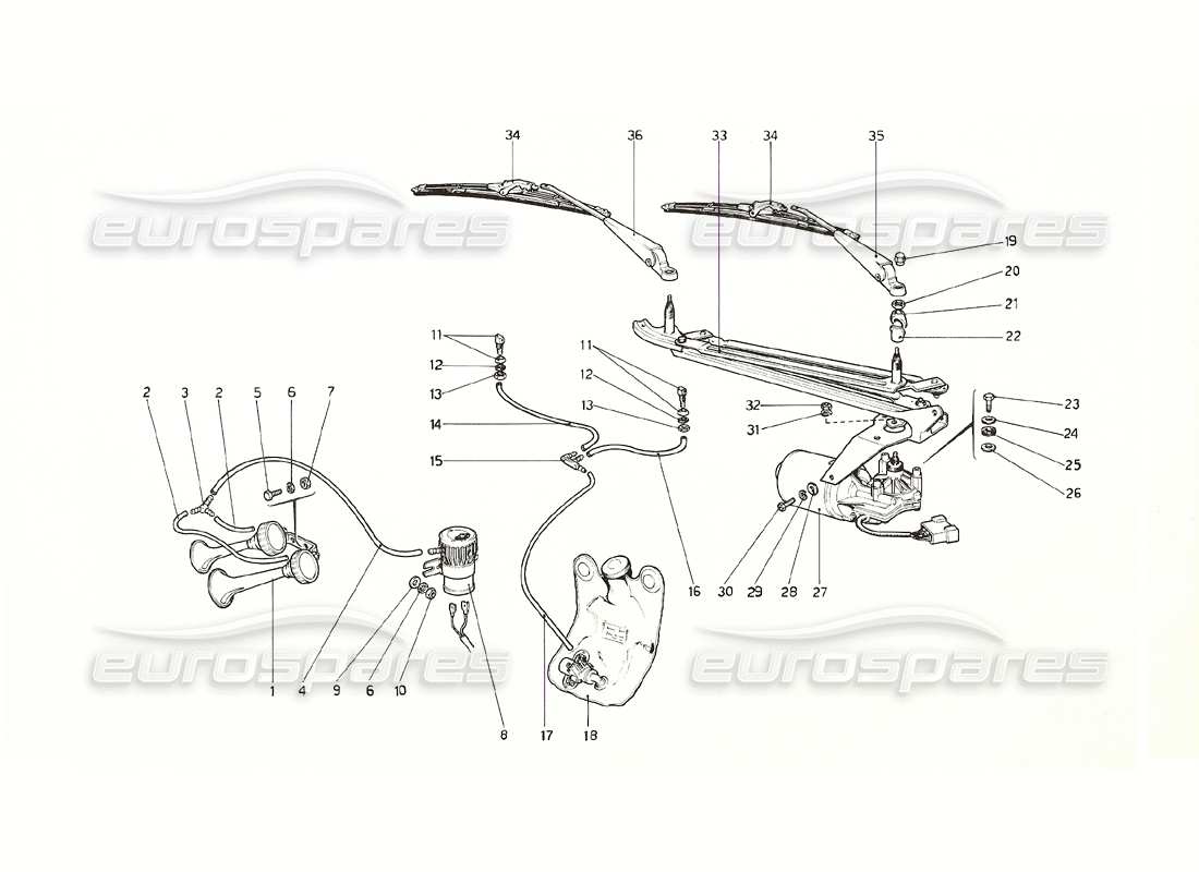 ferrari 308 gt4 dino (1976) schema delle parti del tergicristallo, rondella e del clacson