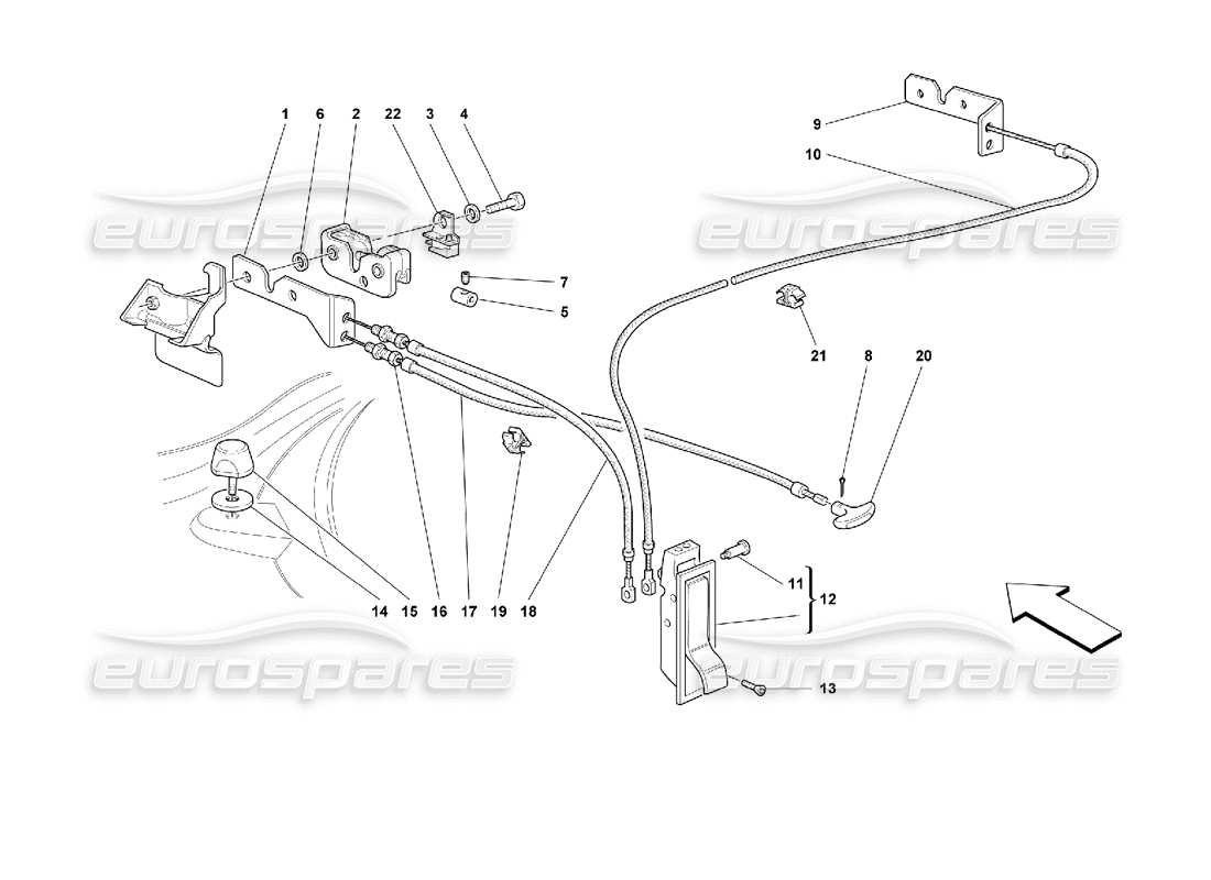 ferrari 355 (2.7 motronic) schema delle parti del dispositivo di apertura per il cofano anteriore