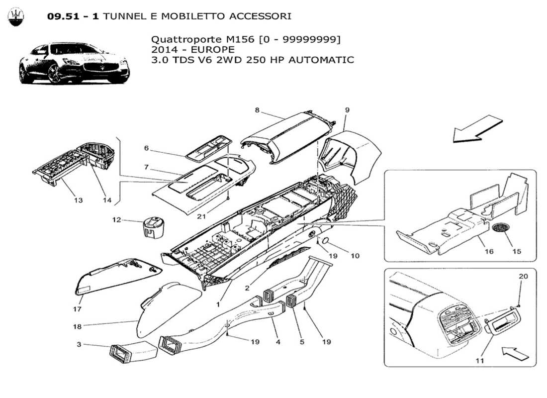 maserati qtp. v6 3.0 tds 250bhp 2014 schema delle parti della console accessoria e della console centrale