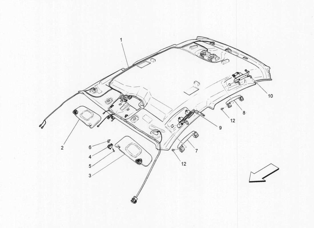 maserati qtp. v6 3.0 bt 410bhp 2015 diagramma delle parti del tetto e delle alette parasole