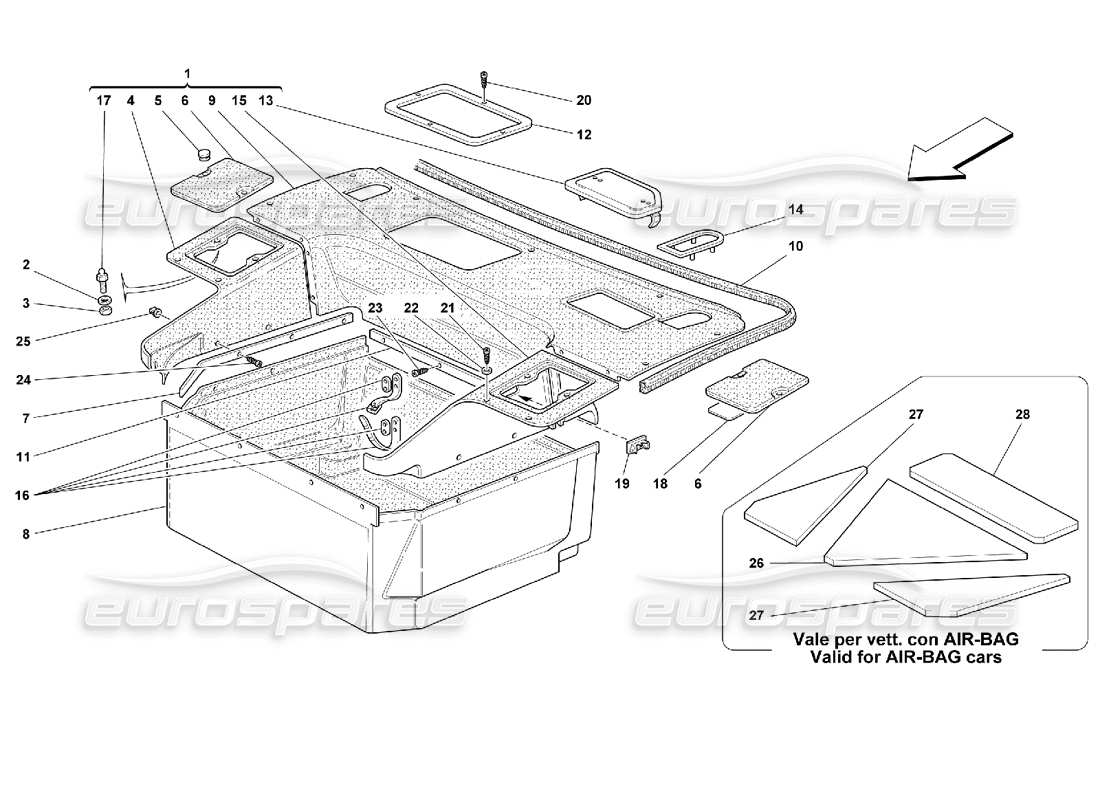 ferrari 355 (2.7 motronic) diagramma delle parti della moquette del vano anteriore