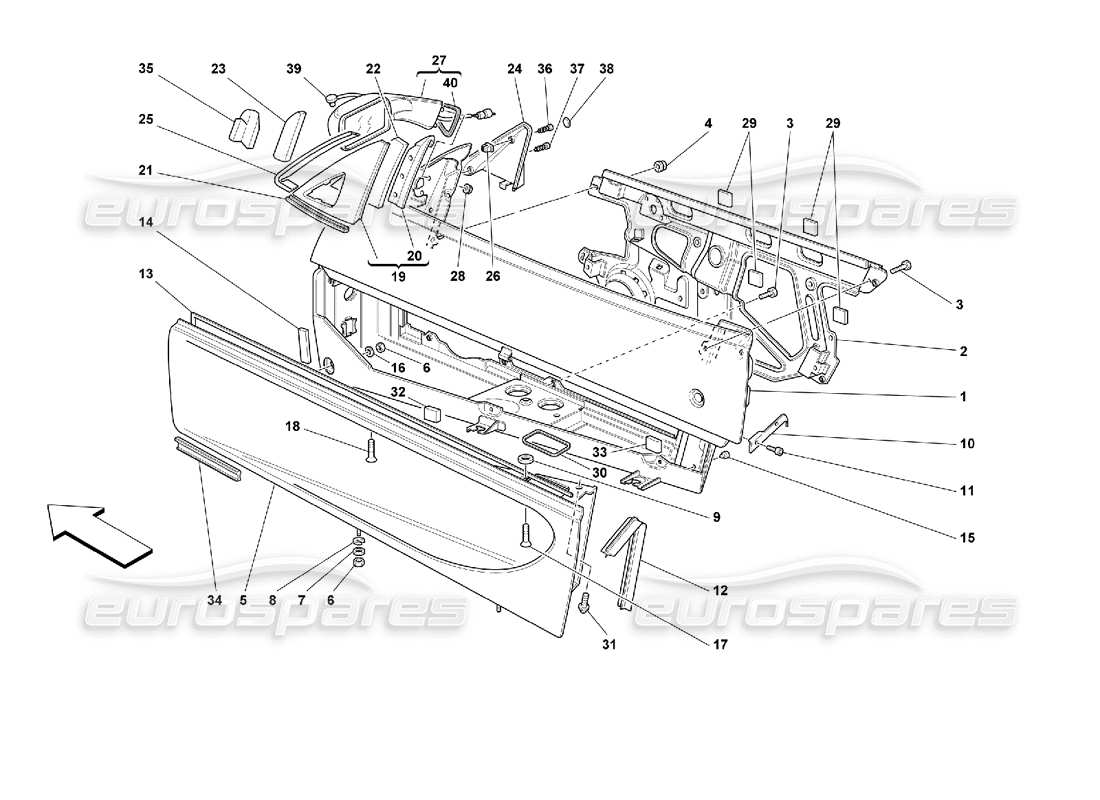 ferrari 355 (2.7 motronic) porte: schema delle parti della struttura e dello specchietto retrovisore
