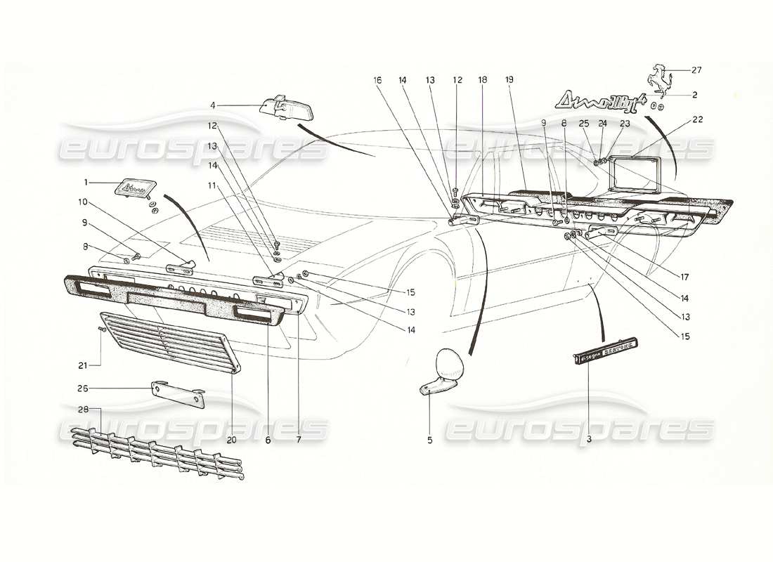 ferrari 308 gt4 dino (1976) diagramma delle parti di paraurti e modanature