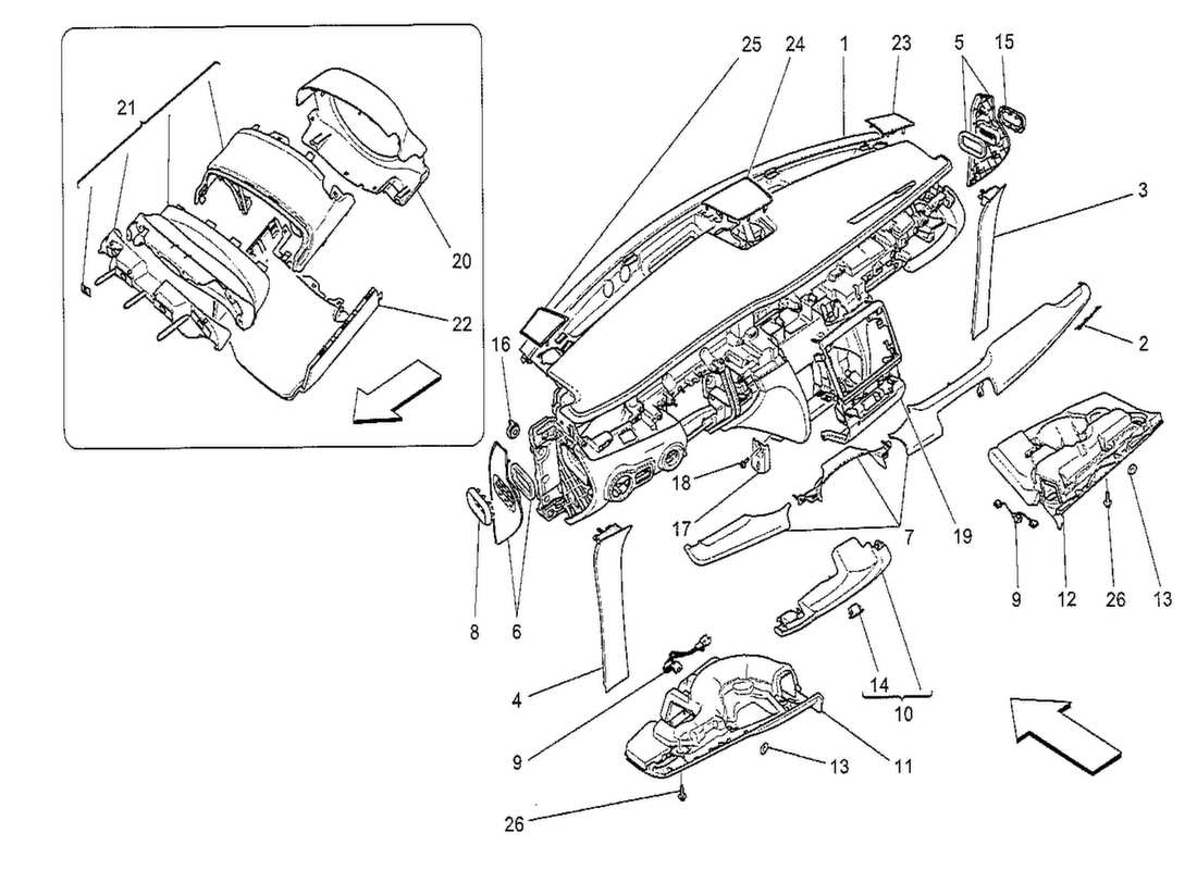 maserati qtp. v8 3.8 530bhp 2014 diagramma delle parti dell'unità del cruscotto