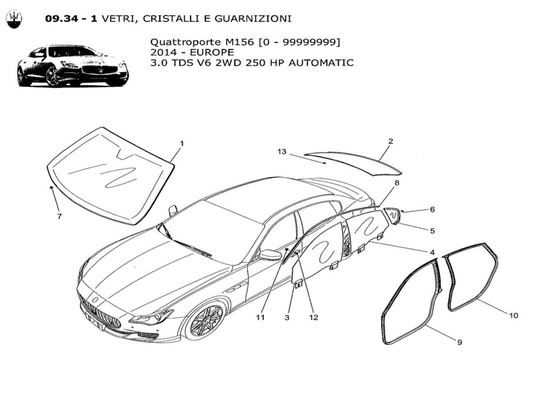 maserati qtp. v6 3.0 tds 250bhp 2014 diagramma delle parti di finestre e strisce di finestre