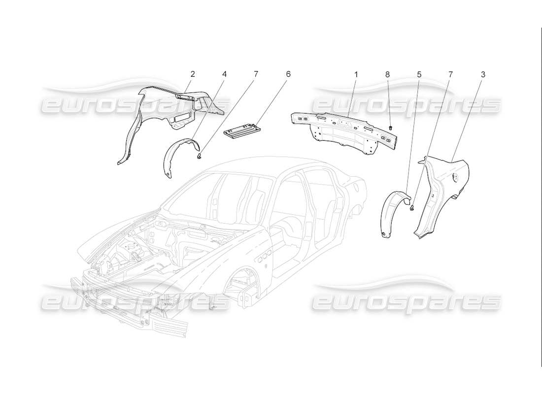 maserati qtp. (2006) 4.2 f1 schema delle parti della carrozzeria e dei pannelli di rivestimento esterni posteriori