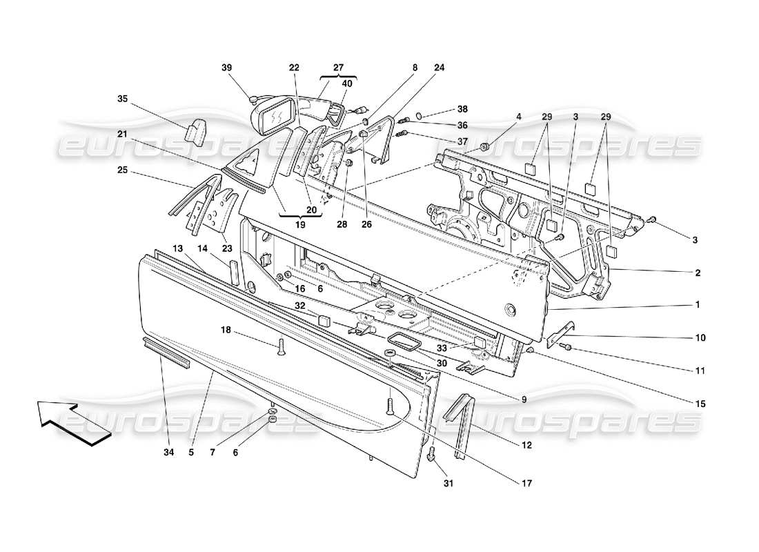 ferrari 355 (5.2 motronic) porte: schema delle parti della struttura e dello specchietto retrovisore