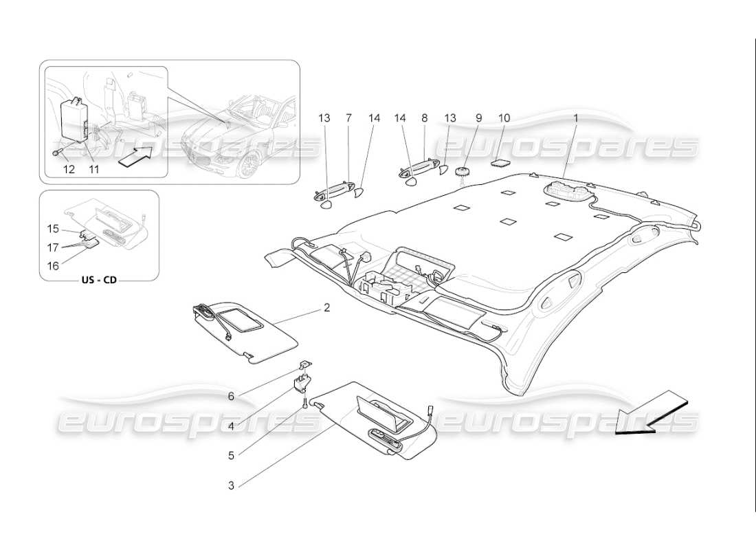 maserati qtp. (2008) 4.2 auto tetto e visiere parasole diagramma delle parti