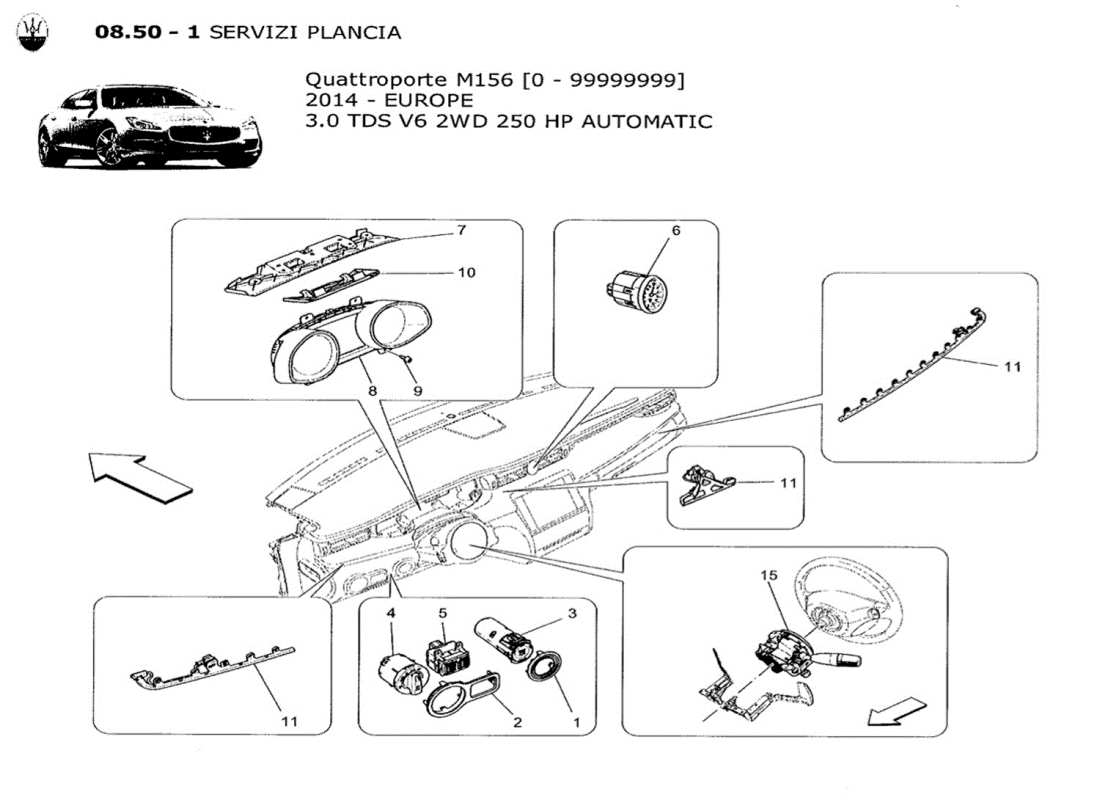 maserati qtp. v6 3.0 tds 250bhp 2014 diagramma delle parti dei dispositivi del dashboard
