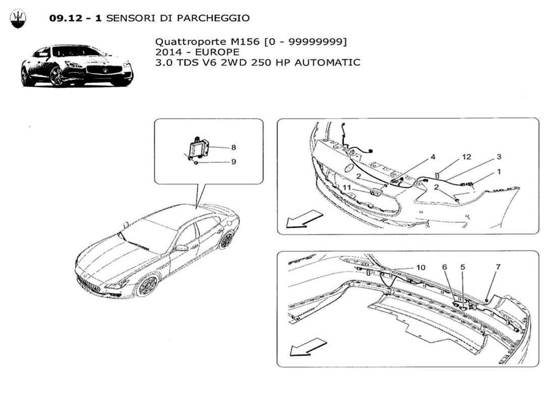 maserati qtp. v6 3.0 tds 250bhp 2014 diagramma delle parti dei sensori di parcheggio
