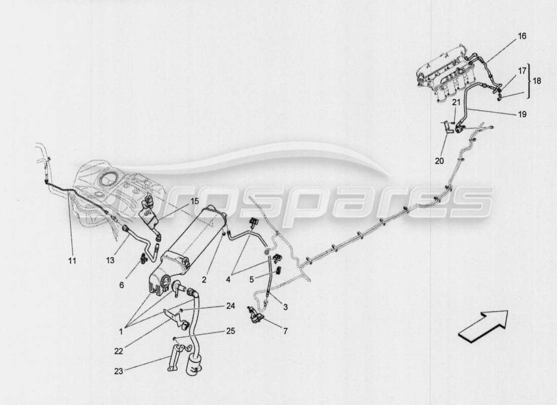 maserati qtp. v8 3.8 530bhp auto 2015 diagramma delle parti del sistema di ricircolo dei vapori di carburante