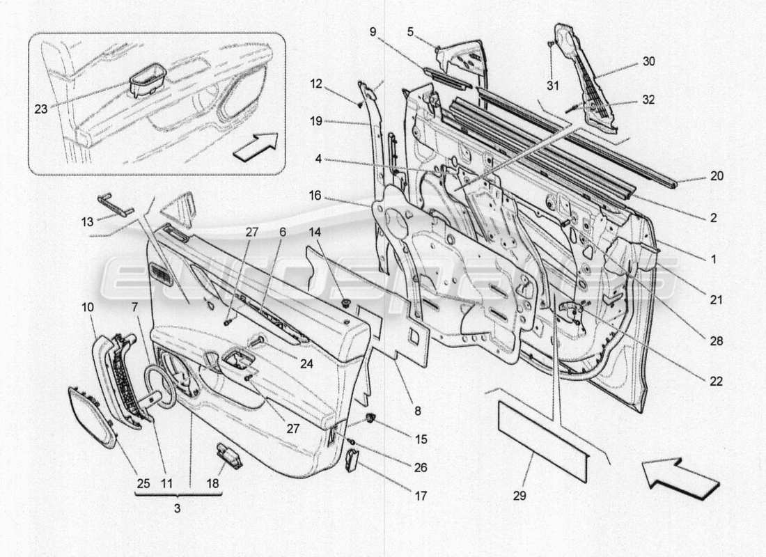 maserati qtp. v8 3.8 530bhp 2014 auto porte anteriori: diagramma delle parti dei pannelli di rivestimento