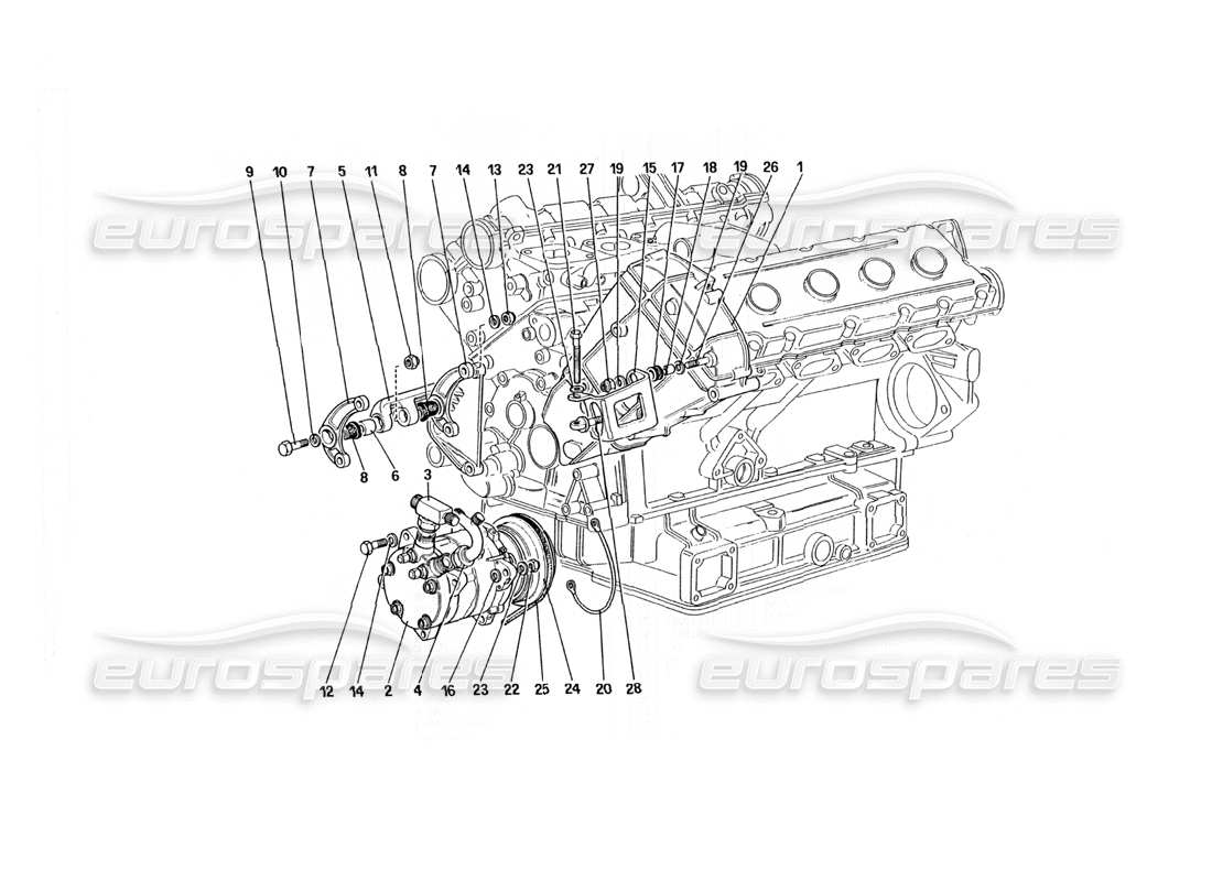 ferrari 328 (1985) diagramma delle parti del compressore e dei controlli dell'aria condizionata (non per la versione usa).