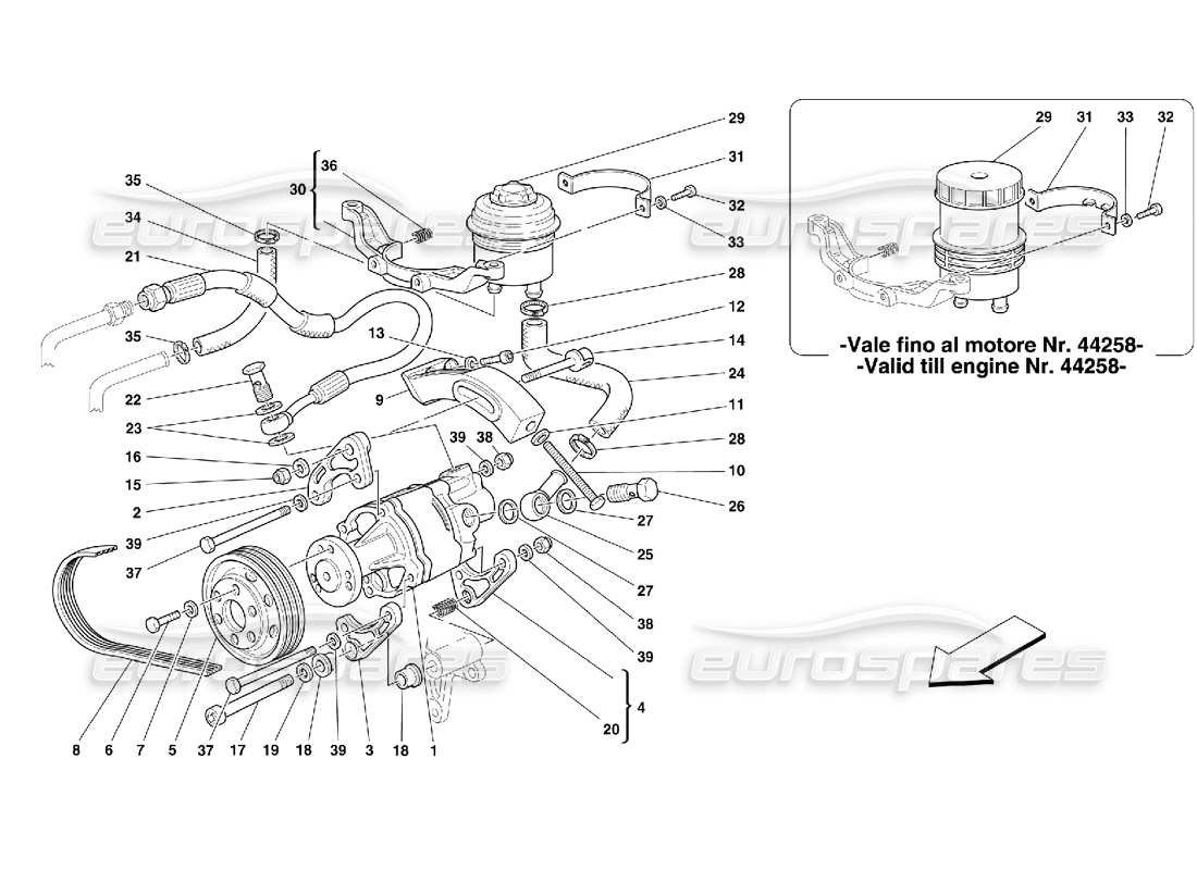 ferrari 355 (5.2 motronic) schema delle parti della pompa idraulica dello sterzo e del serbatoio