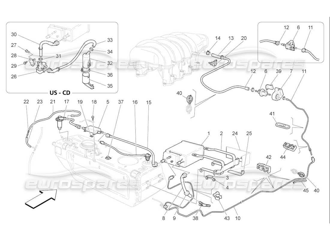 maserati qtp. (2008) 4.2 auto sistema di ricircolo dei vapori di carburante diagramma delle parti