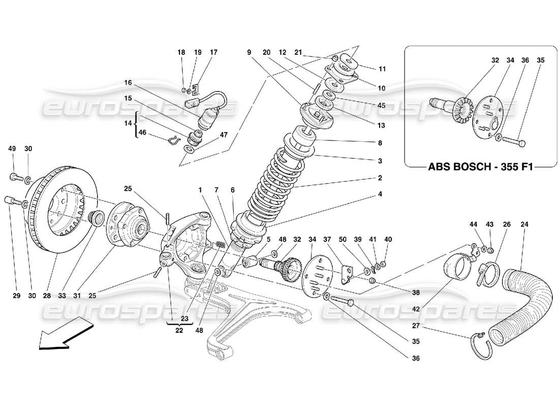 ferrari 355 (5.2 motronic) sospensione anteriore - ammortizzatore e disco freno schema delle parti