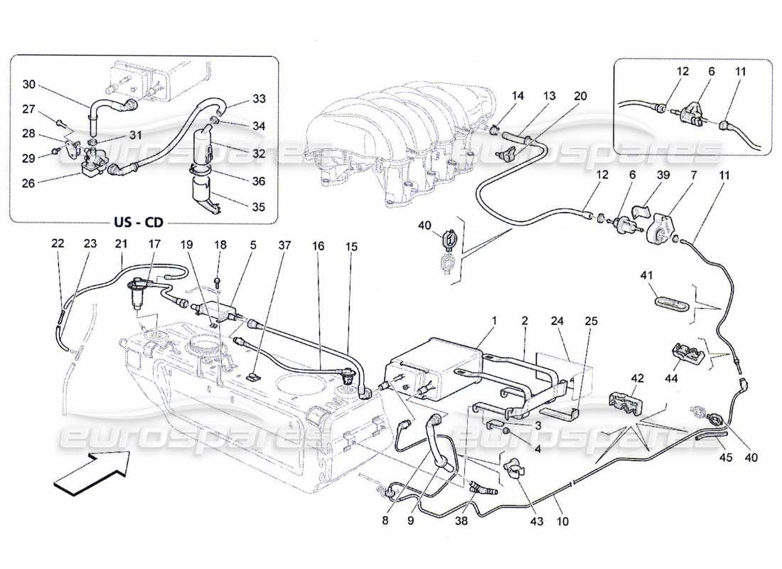 maserati qtp. (2010) 4.7 diagramma delle parti del sistema di ricircolo dei vapori di carburante