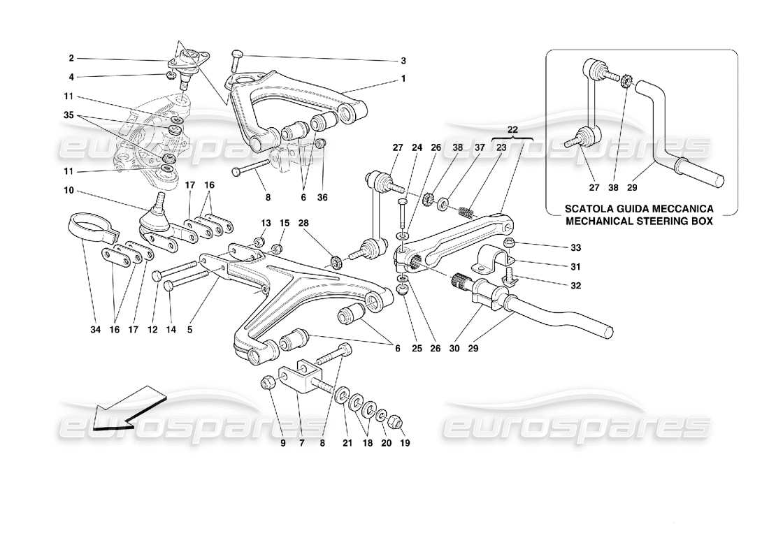ferrari 355 (2.7 motronic) sospensioni anteriori - schema delle parti bracci trasversali