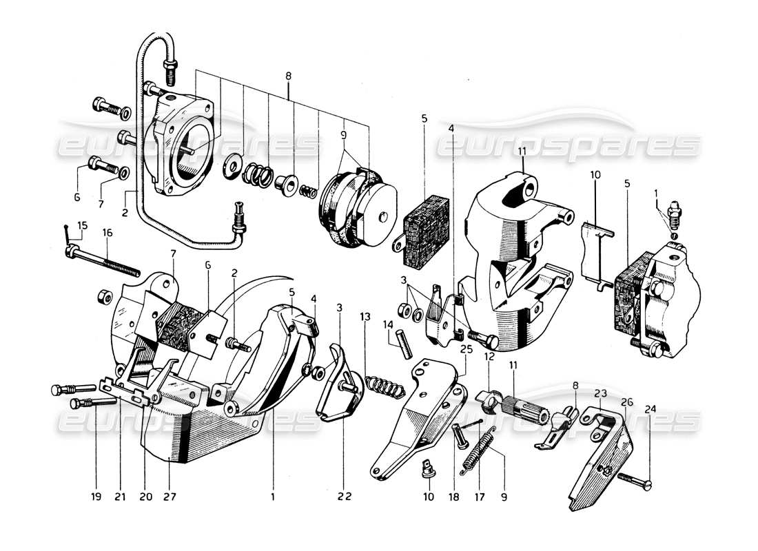 ferrari 275 gtb/gts 2 cam schema delle parti delle pinze freno anteriori e posteriori e del meccanismo del freno a mano