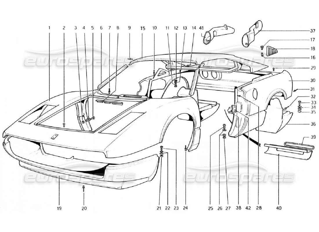 ferrari 308 gtb (1976) schema delle parti scocca - elementi esterni (valido per versioni rhd - aus).