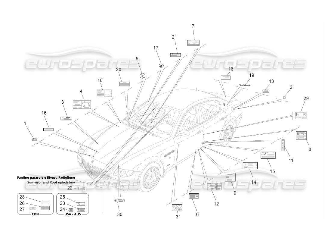 maserati qtp. (2007) 4.2 auto diagramma delle parti di adesivi ed etichette