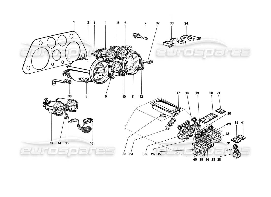 ferrari 308 gtb (1980) diagramma delle parti di strumenti e accessori (varianti per versioni rhd - aus).