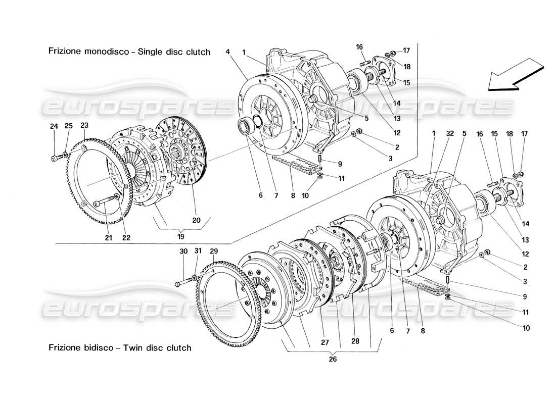 ferrari 348 (1993) tb / ts frizione: disco singolo e doppio diagramma delle parti