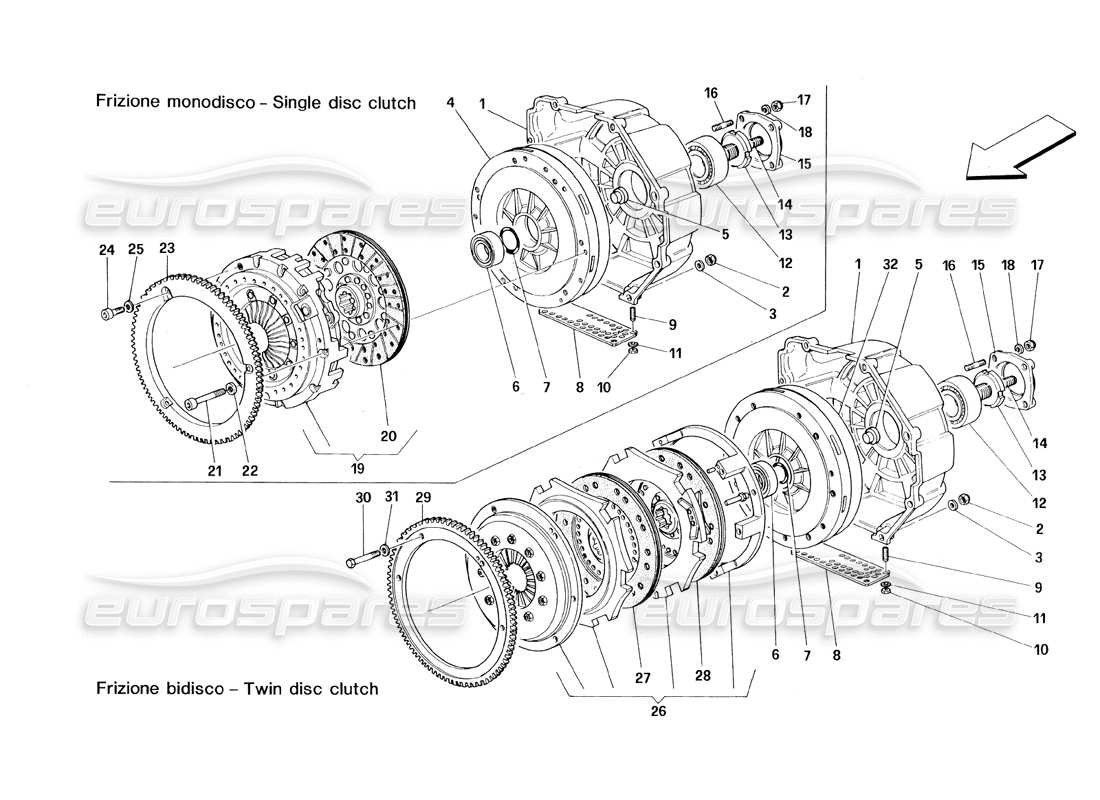 ferrari 348 (1993) tb / ts frizione: diagramma delle parti a disco singolo e doppio