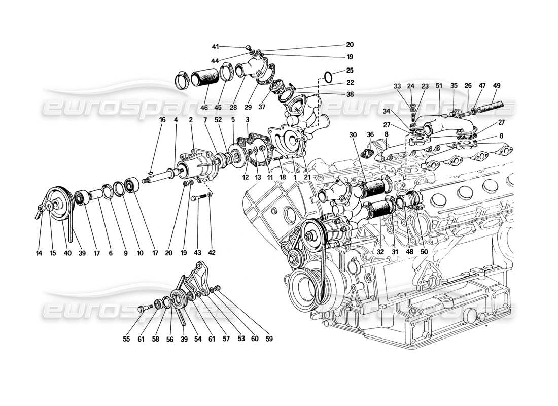 ferrari 328 (1985) diagramma delle parti della pompa dell'acqua e delle tubazioni