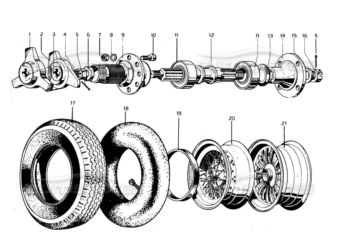 ferrari 275 gtb/gts 2 cam pneumatici: diagramma delle parti di ruote e albero
