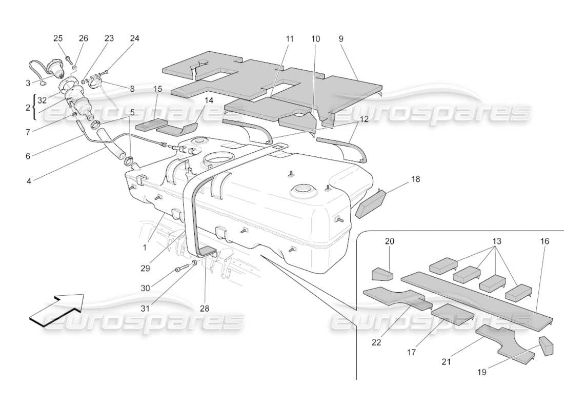 maserati grancabrio (2011) 4.7 serbatoio di carburante diagramma delle parti