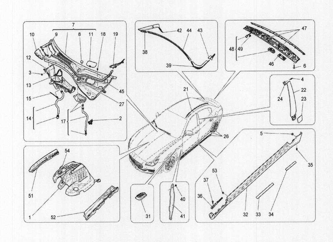 maserati qtp. v6 3.0 bt 410bhp 2wd 2017 schema delle parti di scudi, finiture e pannelli di copertura
