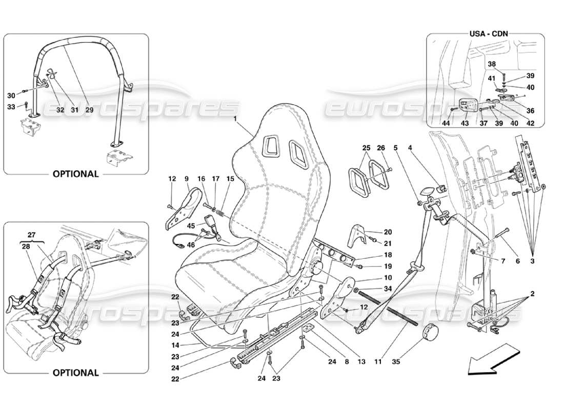 ferrari 360 challenge stradale schema delle parti del sedile da corsa, delle cinture di sicurezza e del roll bar