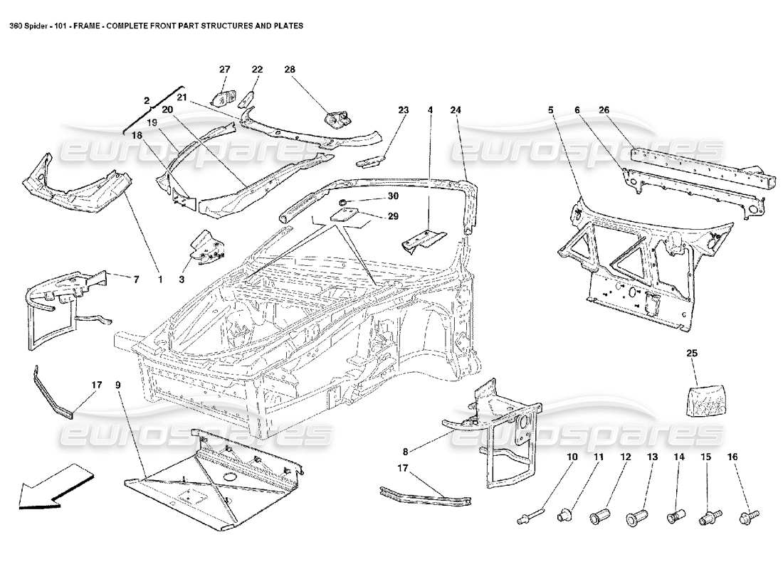 ferrari 360 spider telaio: diagramma delle parti complete delle strutture e delle piastre della parte anteriore