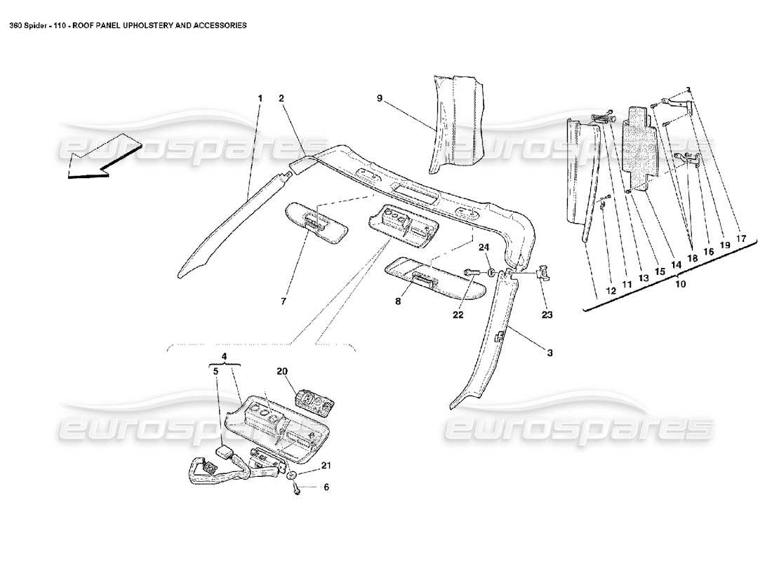 ferrari 360 spider rivestimenti e accessori del pannello del tetto diagramma delle parti