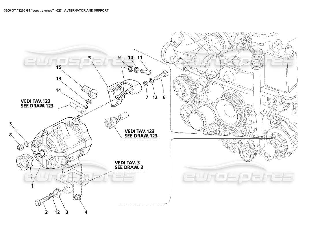 maserati 3200 gt/gta/assetto corsa schema delle parti dell'alternatore e del supporto