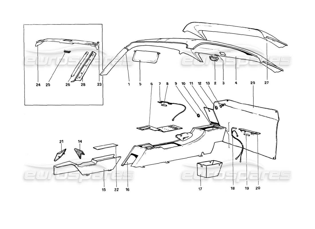 ferrari 308 gtb (1980) diagramma delle parti del tunnel e del tetto (varianti per versioni con guida a destra - aus).