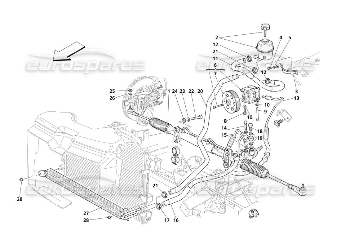 maserati qtp. (2003) 4.2 schema delle parti della scatola dello sterzo e della pompa del servocomando