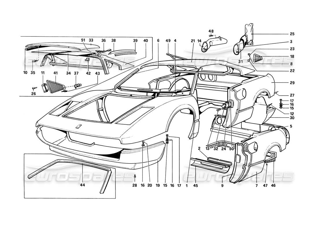 ferrari 308 gtb (1980) scocca - elementi esterni (varianti per guida a destra - versioni aus) diagramma delle parti