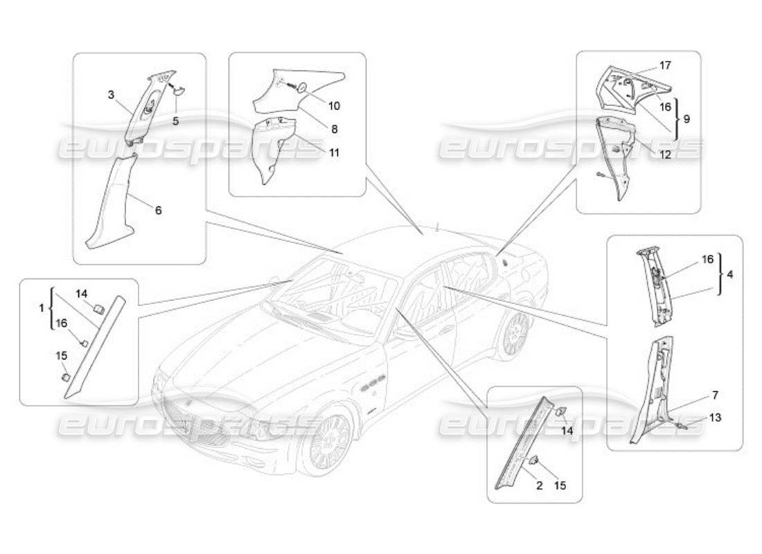 maserati qtp. (2005) 4.2 schema delle parti dei pannelli di rivestimento del montante b e dei pannelli laterali dell'abitacolo