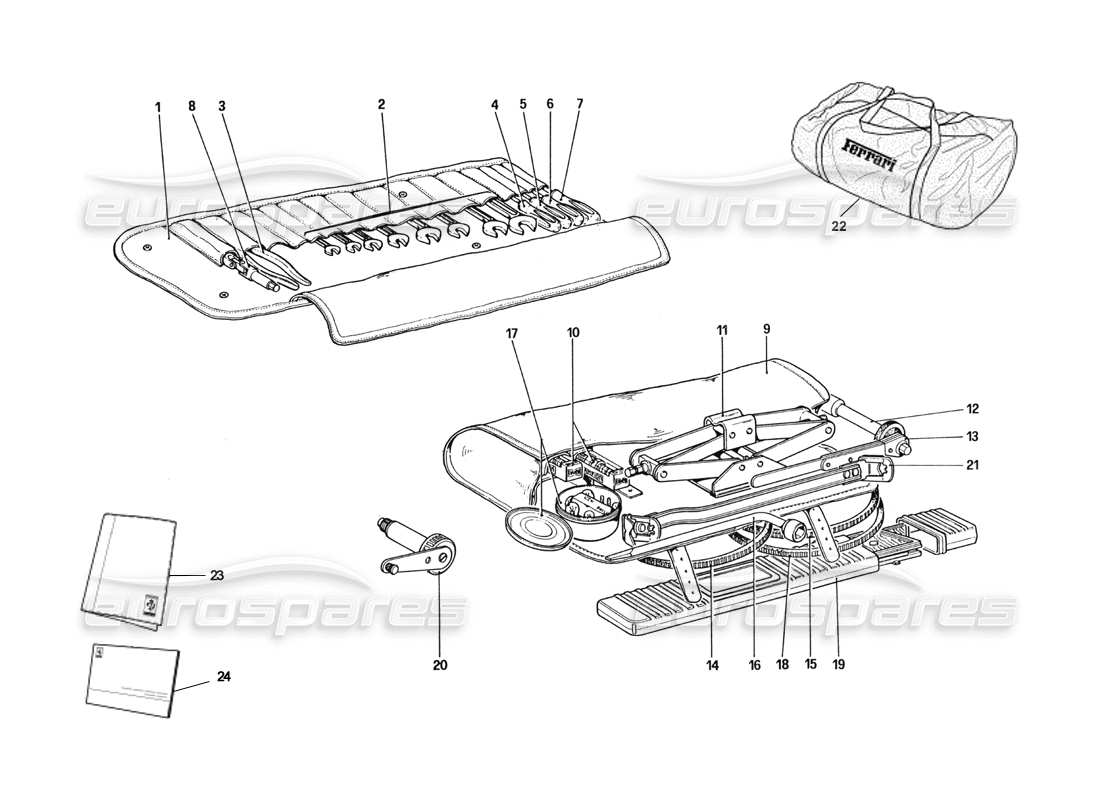 ferrari 328 (1985) diagramma delle parti del kit di attrezzi e della copertura per auto